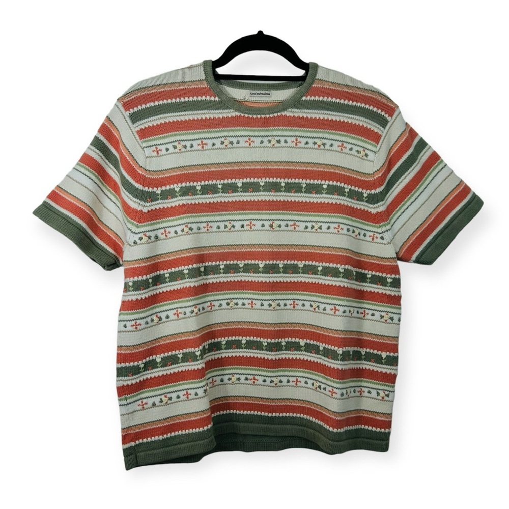 Hand Embroidered Striped Knit Floral Spring Short Sleeve Top